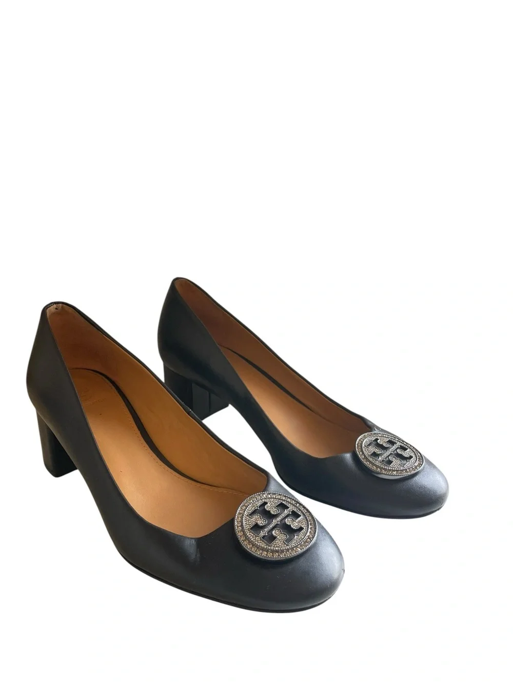 Tory Burch Liana Leather Block Heel Pumps with Silver Logo Medallion Size 8 1/2